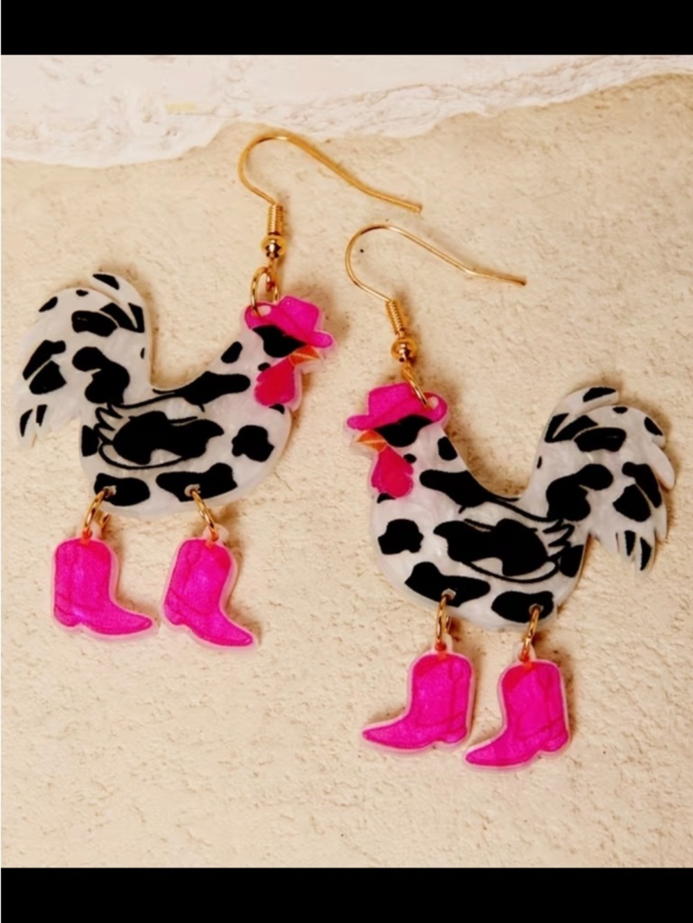 Chicken Hen Earrings w/ Hot Pink Cowboy Hat & Boots